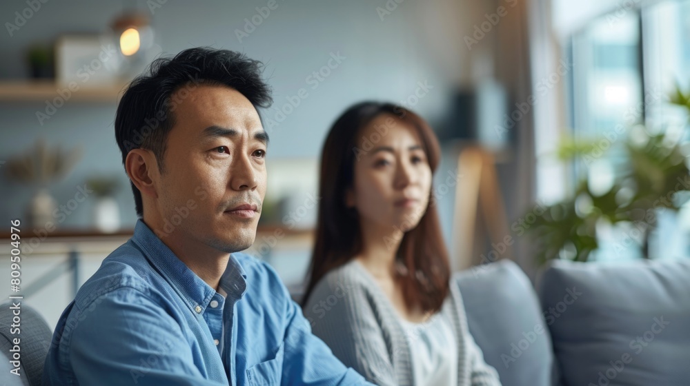 custom made wallpaper toronto digitalAsian middle-aged man and Asian woman sitting on a couch, thoughtful expressions, casual clothing, indoor setting, shelves and decor in the background, bright and airy atmosphere