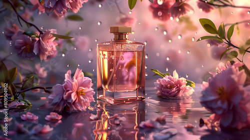 Picture an exquisite scene where a bottle of perfume takes center stage atop a table, surrounded by a lush arrangement of pink flowers