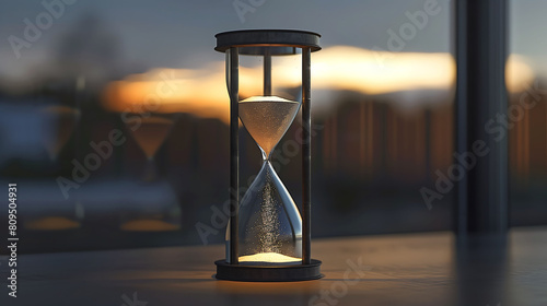 Visualize a breathtaking scene where a sand timer stands as a silent sentinel, its slender frame holding a small reserve of sand that continues to trickle away with each passing moment