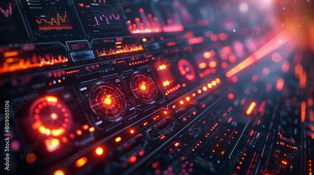 Intricate sci-fi control panel with illuminated red displays.