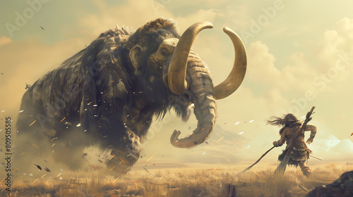 Visualize a riveting scene where a team of primitive cavemen launches a daring attack on a towering mammoth in the wild expanse of a sun-drenched field photo