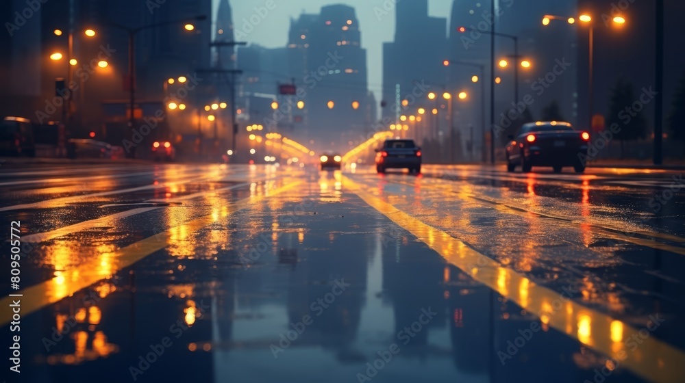Fototapeta premium Abstract neon lights reflection on wet asphalt with smoke in dark empty city street at night