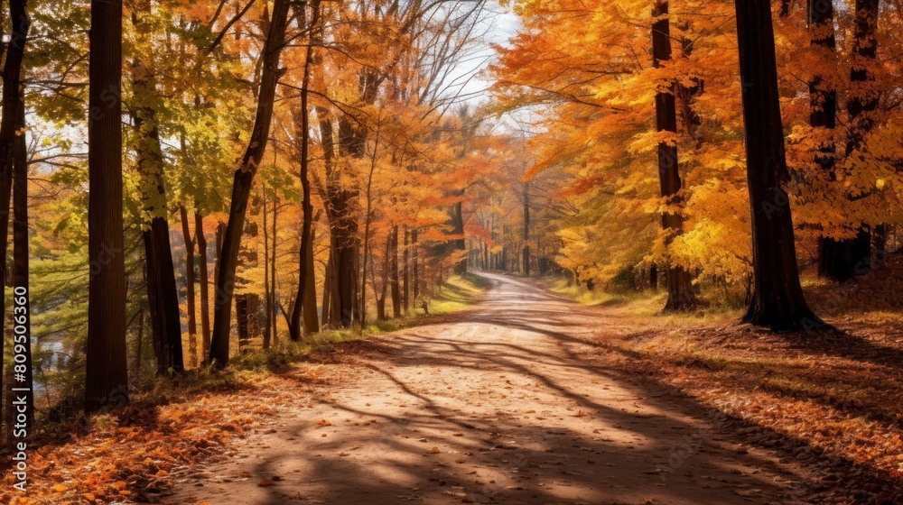 Autumn road in the forest with yellow leaves and trees in the background