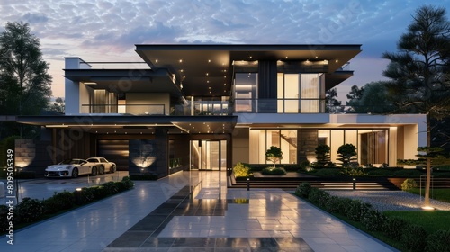 Modern architecture house exterior design luxury concept 3D render driveway hyper realistic 