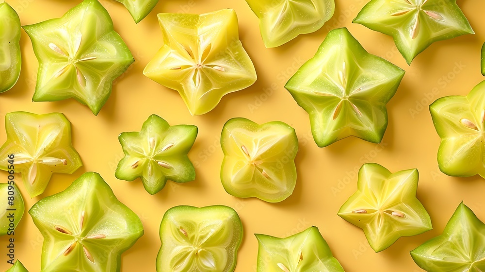 Bright and Juicy Starfruit Slices Arranged in Captivating Geometric Pattern on Minimalist Background Bright and Juicy Starfruit Slices Arranged in Captivating Geometric Pattern on Minimalist Background