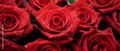 Red roses with water drops close up. Valentines day background.