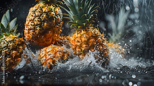 Ripe Pineapples Falling into Dark Water Tank Creating Colorful Splash Patterns