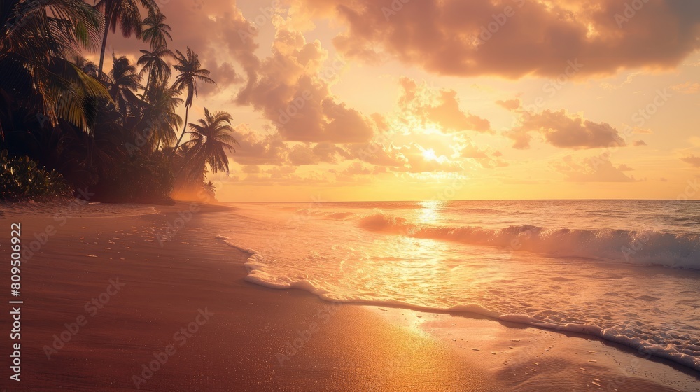 Tropical beach at sunrise with sandy shore and palm trees Tropical beach at sunrise with sandy shore and palm trees