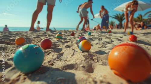 People playing boules on sand with colorful balls on summer holidays hyper realistic  photo