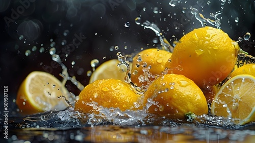 Vibrant Lemons Plunging into Captivating Black Aquatic Backdrop with Intricate Splash Patterns