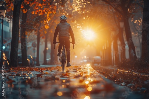 A cyclist rides along a wet urban street lined with golden autumn trees, bathed in the warm glow of the setting sun. © porpia