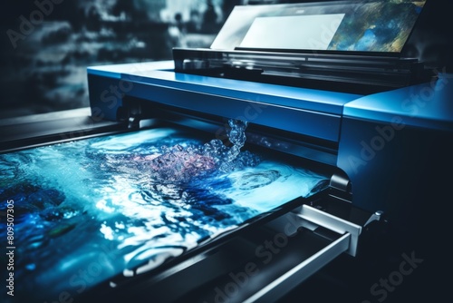 Close-up of paper getting ejected from printer, cool tone color, technology concept for office work photo