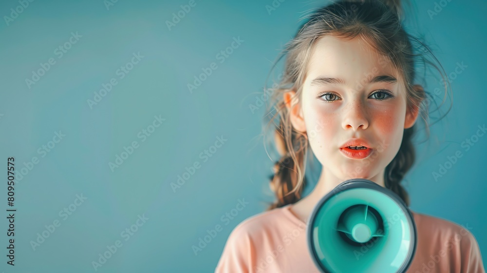 Nice young girl loudspeaker empty space wear top isolated on blue color background By deagreez. copy space for text. Nice young girl loudspeaker empty space wear top isolated on blue color background By deagreez. copy space for text.