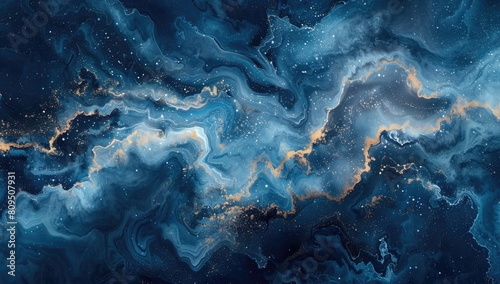 Abstract blue and gold background with swirling nebula clouds  dark sky blue and navy  celestial punk. Created with Ai