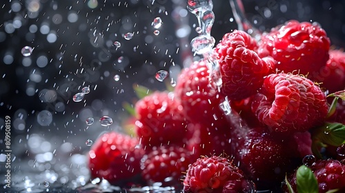 Ripe Red Raspberries Falling into Glistening Black Water Creating Colorful Splash Patterns photo