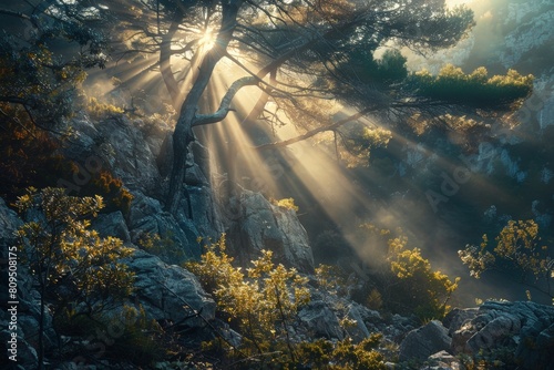 Sunlight pierces through the canopy of a dense forest, casting beams of light over a rugged, rocky terrain, creating a mystical and serene morning scene. photo