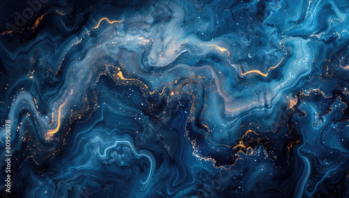 A dark blue background with swirling patterns of light and dark, with hints of gold details and fluid shapes that resemble watercolor splashes or marble textures. Created with AI