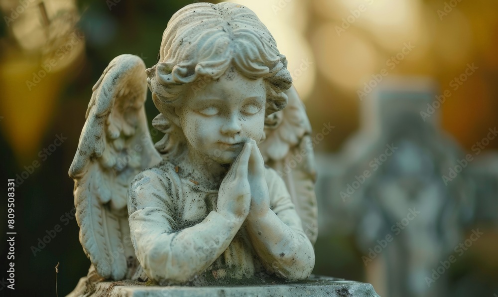 close-up of an angel statue praying on a graveyard