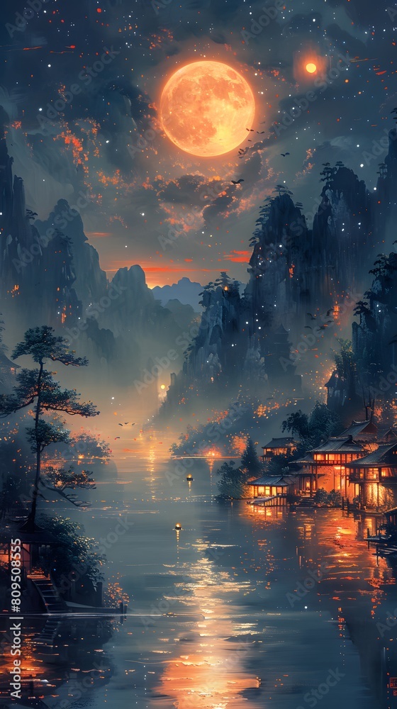 Night view of ancient Chinese village and river at night with full moon