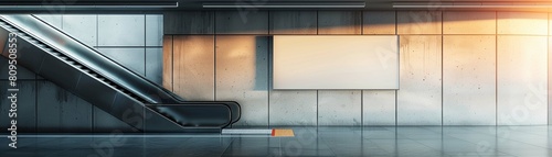 An empty poster mockup on the wall beside an escalator in a subway station offers prime ad space in a highfootfall area.AI Generate