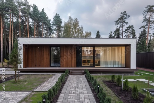 Harmonious blend  modern cubic house in forest setting   minimalist design meeting natural beauty © Maksym