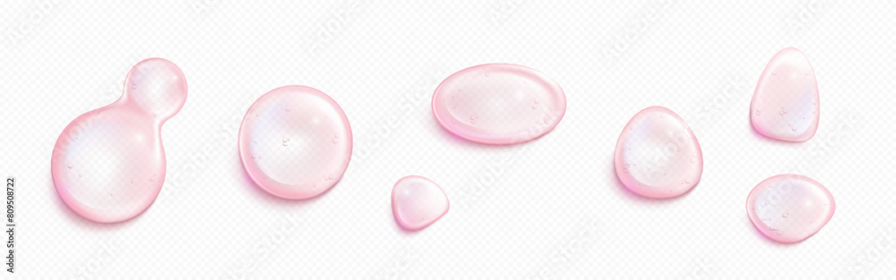 Obraz premium 3d pink soap bubble. Collagen water ball vector. Isolated transparent liquid jelly circle droplet with oil texture. Round clear strawberry serum swatch for girl skin. Hyaluron cosmetic essence orb