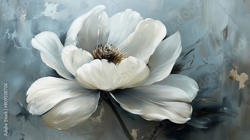 Fototapeta Naklejka Na Ścianę i Meble -  The pure, serene beauty of a white flower comes to life through bold oil paint brushstrokes, complemented by a subtle, soft background.AI Generate