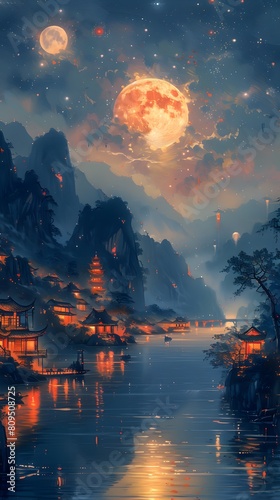 Night view of ancient Chinese village and river at night with full moon