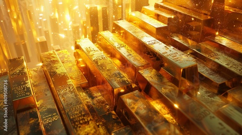This digital art features gold bars aligned against a vibrant background of goldcolored financial charts, symbolizing wealth accumulation.AI Generate photo