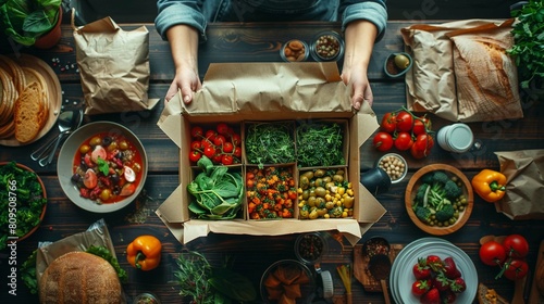 This image highlights food delivery using ecofriendly packaging, emphasizing the shift towards more sustainable eating practices.AI Generate