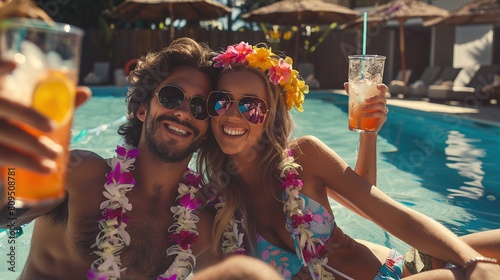 Photograph of a happy young couple relaxing by the pool with drinks and leis wearing beach attire. copy space for text.