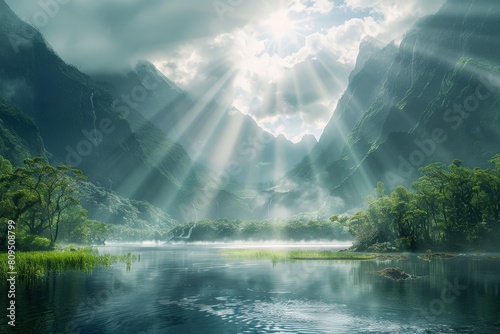 Dramatic rays of sunlight pierce through mist-covered mountains, illuminating a serene lake in a breathtaking natural landscape.