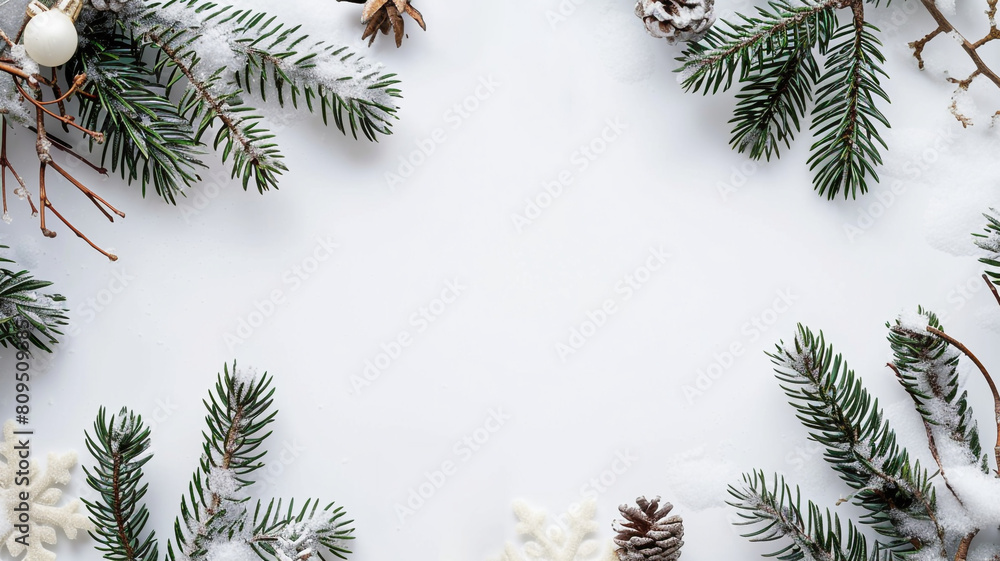 frame of green fir branches covered by snow frame of green fir branches covered by snow