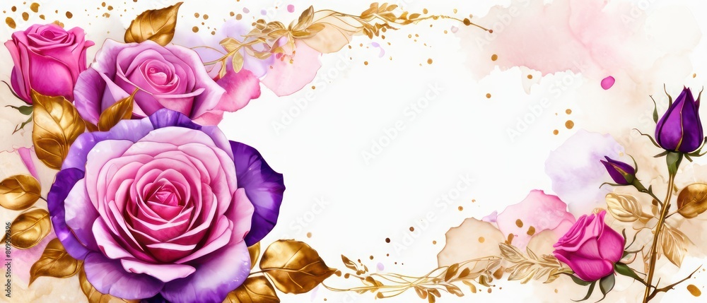rose petals on white background with copy space for text. Golden alcohol ink watercolor floral bloom banner for Mother’s Day or mauve wedding stationery