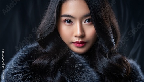 A young woman of Asian descent with sleek black hair, deep brown sparkling eyes photo