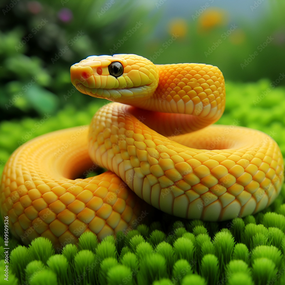 A Yellow snake on the green grass.