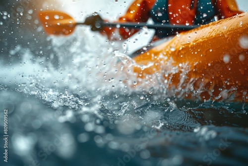 Close-up view of a kayaker paddling vigorously, with water splashing around the orange kayak in a dynamic, energetic scene. photo