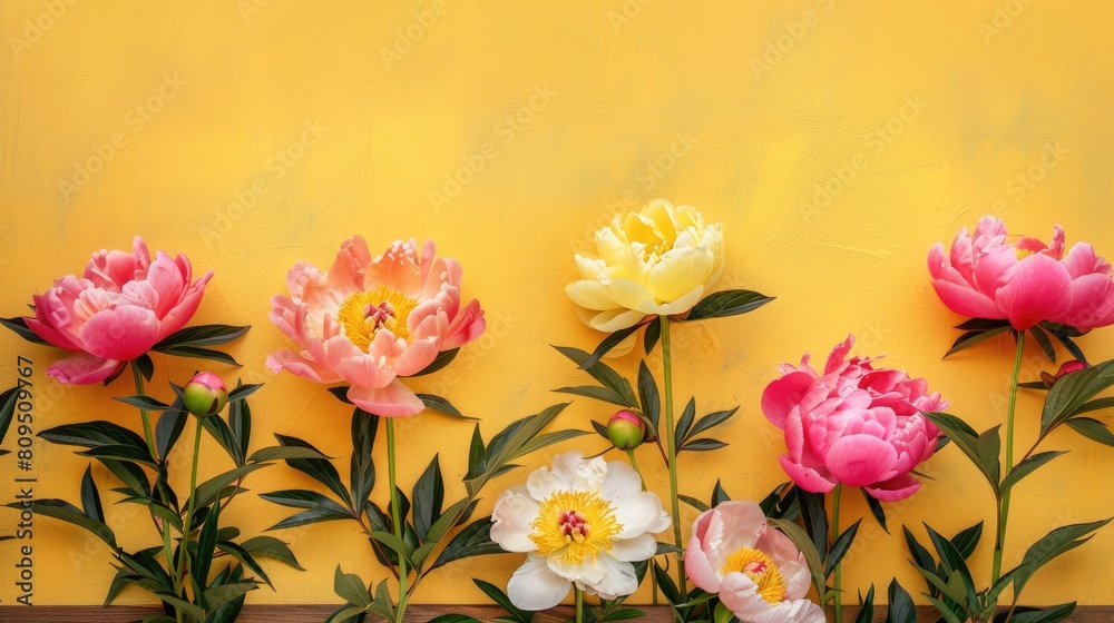 Peony bloom arrangement displayed on wooden surface against yellow backdrop