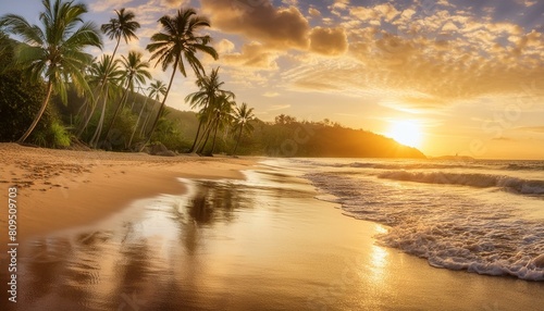 a serene beach scene with gentle waves lapping on a sandy shore, palm trees swaying, and a calming sunset in the background