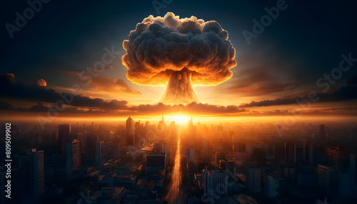 an urban landscape at sunrise, dramatically overshadowed by a large, ominous mushroom cloud. photo