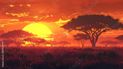  A vast savanna stretching to the horizon, dotted with acacia trees silhouetted against the fiery hues of a setting sun. . 