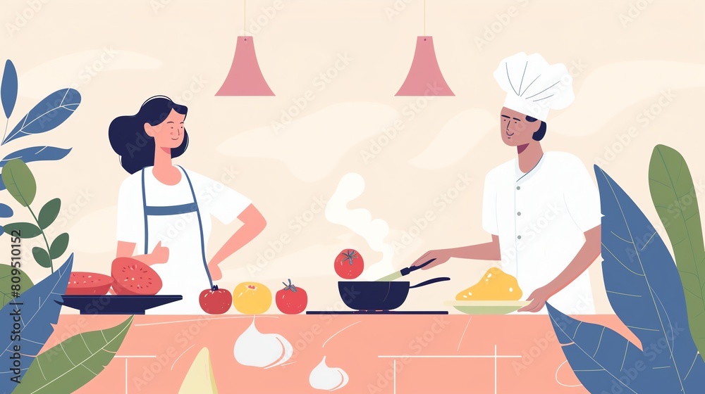 2D Flat illustation Activity Concept of a Couples Cooking Class, with Copy Space for Culinary Adventures 2D Flat illustation Activity Concept of a Couples Cooking Class, with Copy Space for Culinary Adventures
