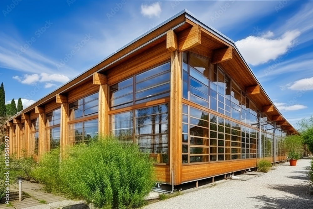 Glass office building with sustainable design and green environment to reduce carbon emissions