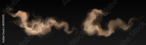 Dirt sand dust, desert powder with smoke vector effect. Isolated flying particle on storm wind. 3d realistic brown ground spray texture overlay. Dirty dusty fog or pollution explosion splatter in haze