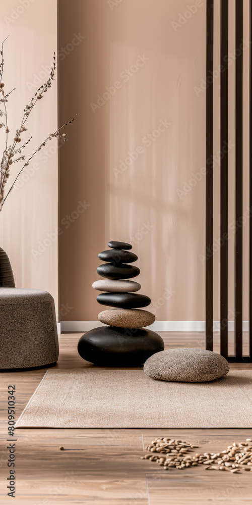 Minimalist zen interior design in beige with natural elements and window lighting. Relaxing interiors, meditation spaces. Minimalist zen interior design in beige with natural elements and window lighting. Relaxing interiors, meditation spaces.