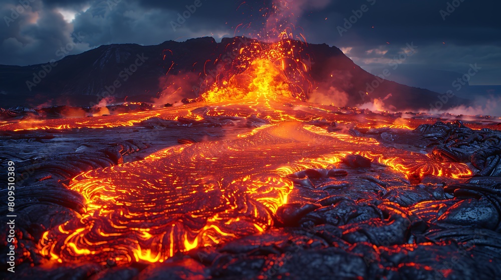 A cinematic portrayal of a volcanic eruption at night, with streams of lava in vivid red-orange lighting up the scene, creating a dramatic and mesmerizing spectacle. A cinematic portrayal of a volcanic eruption at night, with streams of lava in vivid red-orange lighting up the scene, creating a dramatic and mesmerizing spectacle.