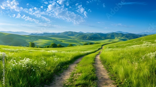 Beautiful green grass landscape with path and blue sky  summer nature background. Panoramic view of meadow in spring or autumn season. Green hills on horizon  blue clear cloudless sunny sky. 