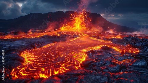 A cinematic portrayal of a volcanic eruption at night, with streams of lava in vivid red-orange lighting up the scene, creating a dramatic and mesmerizing spectacle.