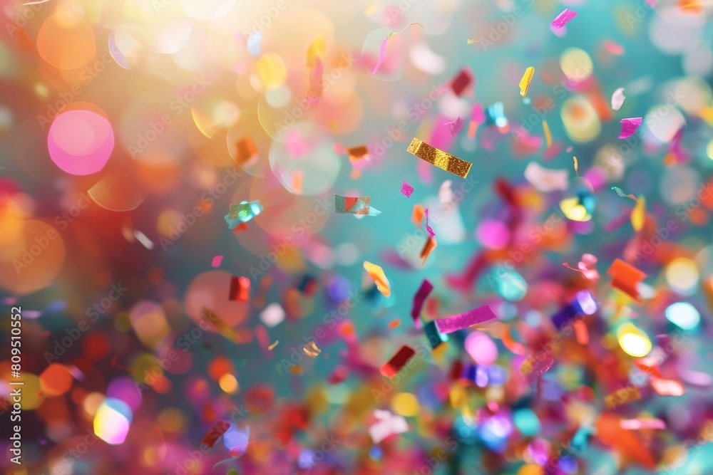 Celebration and colorful confetti party. Blur abstract background, metal confetti with abstract shapes, blurry bokeh, metallic scrapes, Ai generated