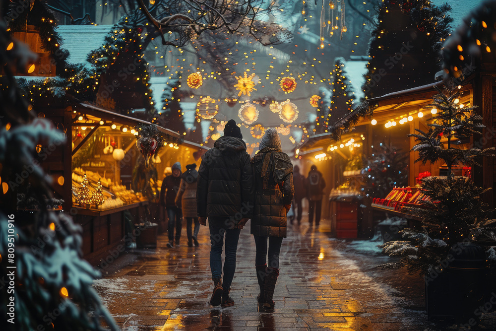 Christmas market in the snowy mountains, romantic couple walking through street full of stalls with Christmas decorations. Created with AI